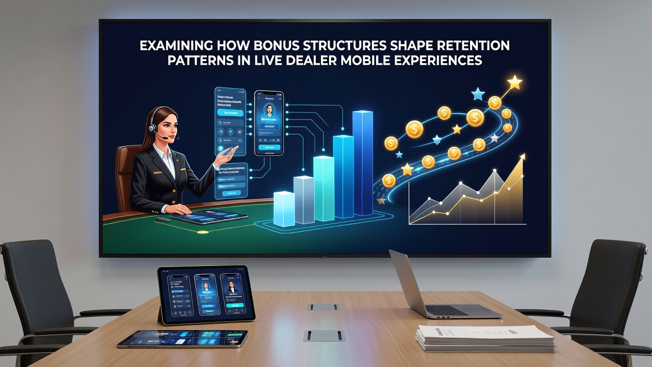 Analytics dashboard displaying retention curves and bonus redemption rates for live dealer mobile users